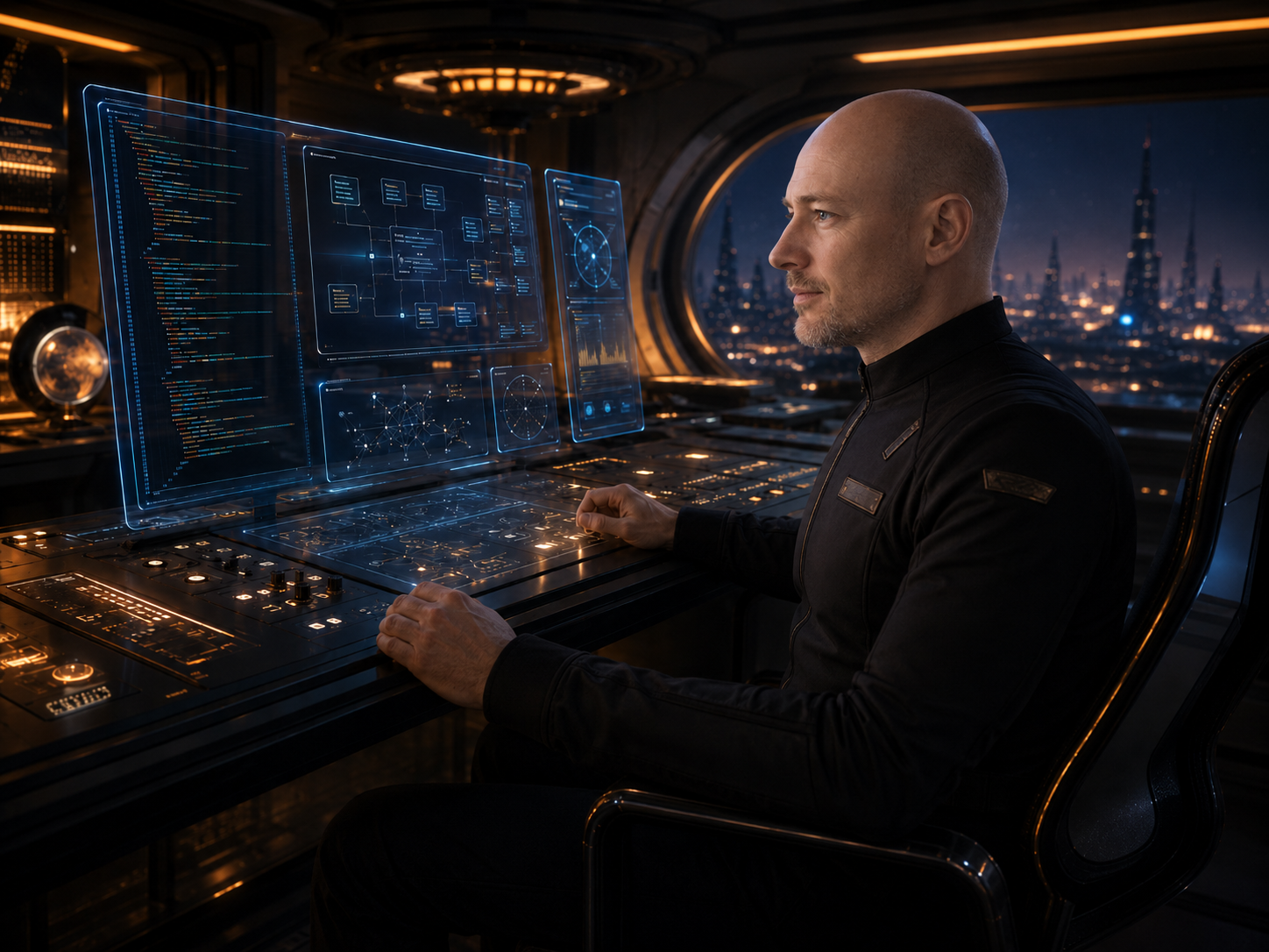 An engineer reviewing software systems at a futuristic command console.